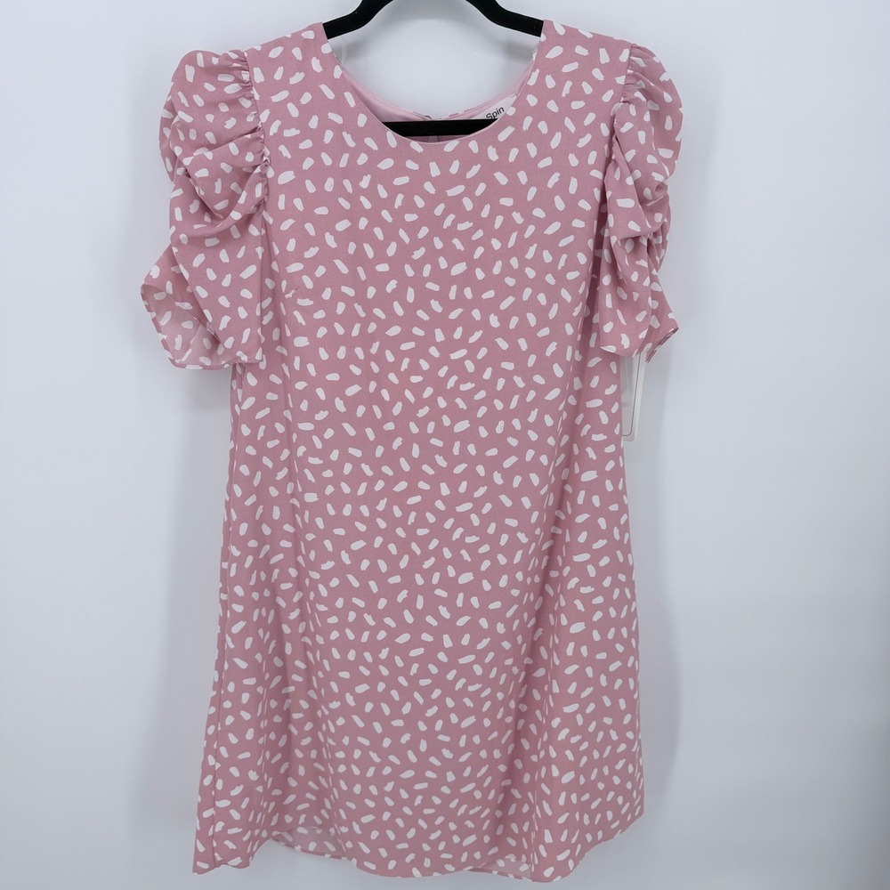 Spin Puff Sleeve Dress Womens Pink New Abstract Print Shift Mini NWT Feminine